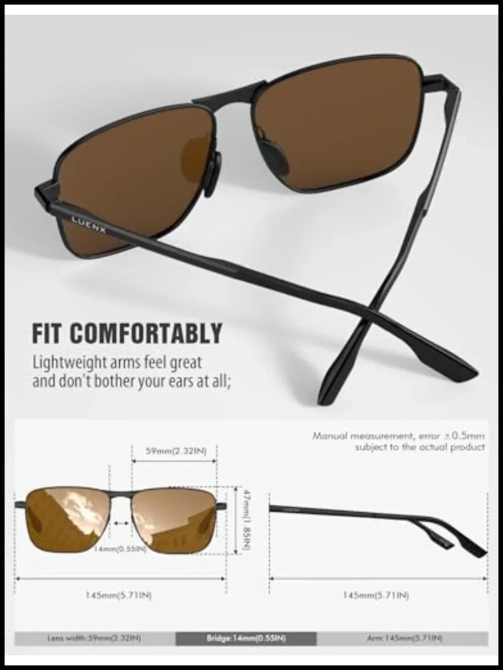Rectangular Polarized Aviator Sunglasses with Spring Hinge UV400 Protection